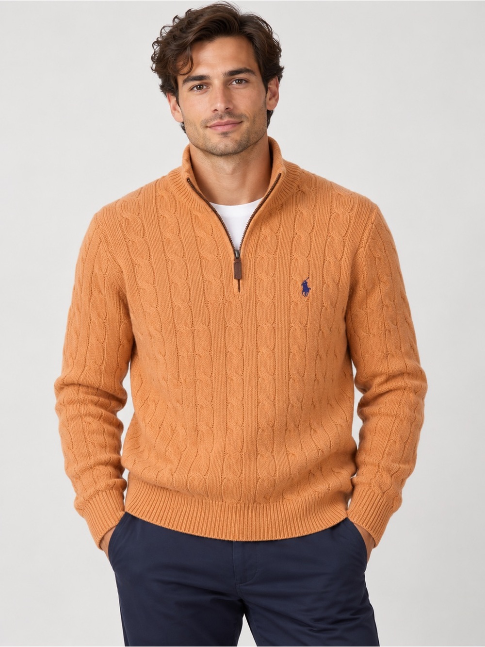 Polo by Ralph Lauren Men's Cable-Knit Half-Zip Sweater - peach color
